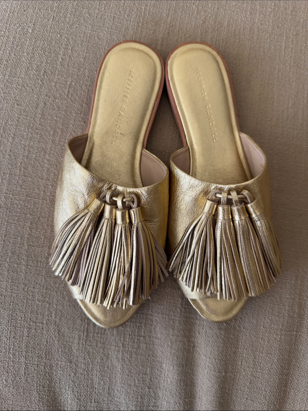 NWOT Loeffler Randall Gold Tassel Slide Mules sz 5